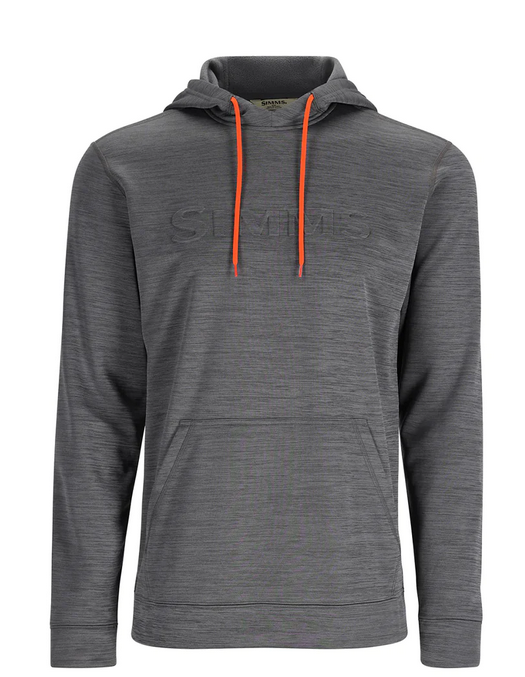 gray hoodie with orange drawstring and front pocket