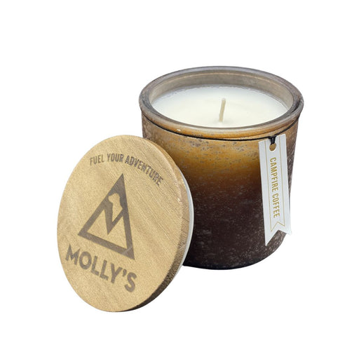 Molly's Place Campfire Coffee 14oz River Rock Candle with Molly's logo wood lid
