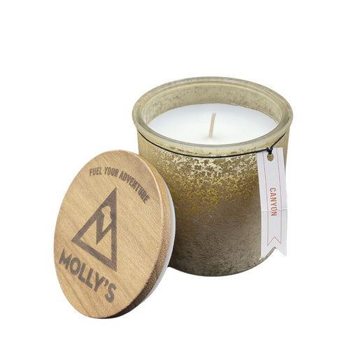 Molly's Place Canyon 14oz River Rock Candle  with light wood Molly's logo lid