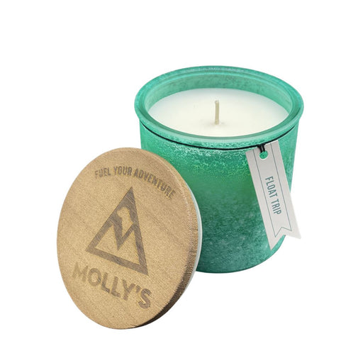 Molly's Place Float Trip 14oz River Rock Candle green jar with Molly's Logo lid