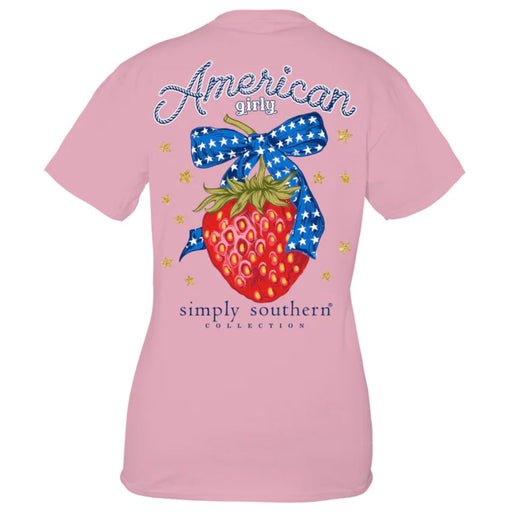 pink Simply Southern American Girly tee featuring a red strawberry and blue bow and white stars