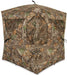 tan green and orange tree camo square shape hunting blind with multiple access points