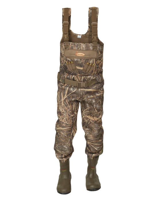 Camo waders with belt and should straps for added security completed with green rubber boots. 