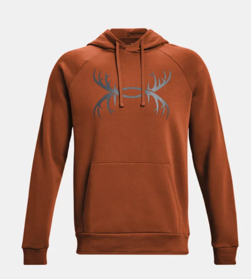 Rust color draw string hoodie with Under Armour logo is antlers