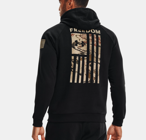 model wearing a black hoodie with a brown flag and Freedom print