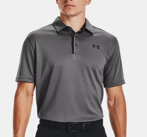 model wearing gray polo and black bottoms with a belt