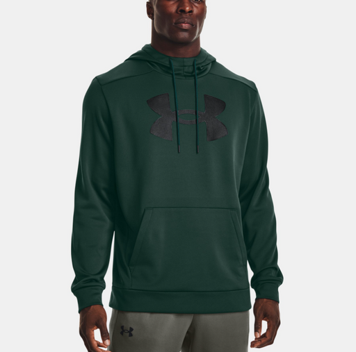 model wearing green hoodie with draw strings and Under Armour logo on chest