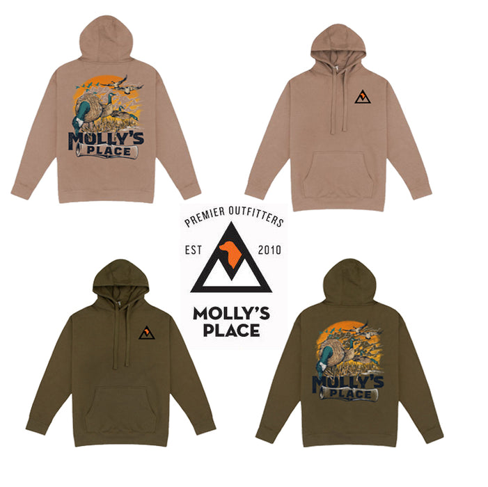 Four Molly's Place hoodies featuring goose hunting scenes 