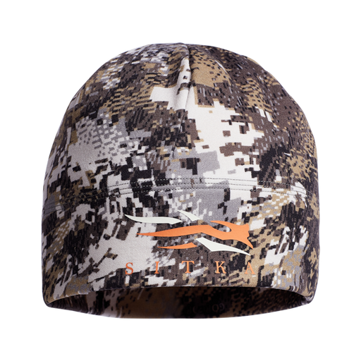 camo beanie with orange Sitka name and logo on front