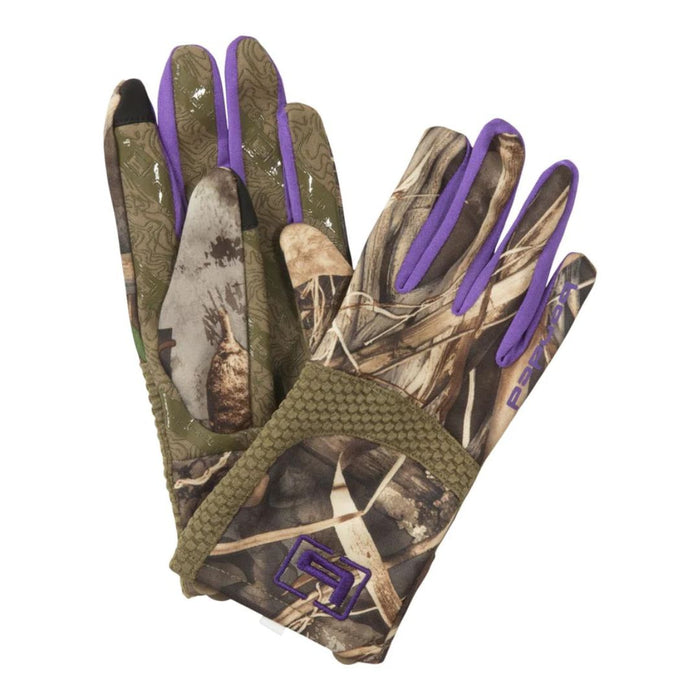 Banded Women's Soft-Shell camo Glove with purple inner finger trim