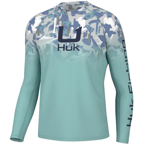 aqua blue and gray Huk Kc Icon Apex Vert Fade Performance Shirt