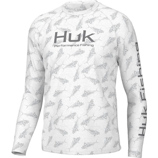 HUK Performance Fishing long sleeve in White featuring gray fish print and HUK Fishing on sleeve
