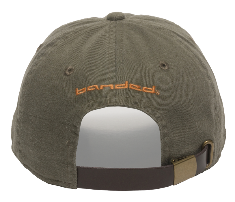 Back of hat with banded logo and leather strap