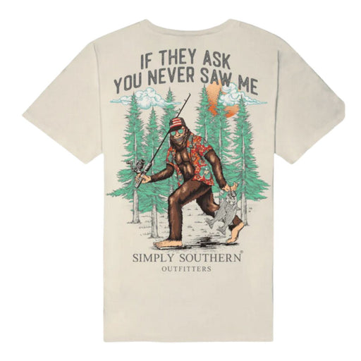 Simply Southern Bigfoot Wisp Men's Short Sleeve tee featuring Bigfoot with a fishing pole and fish  in the forrest  