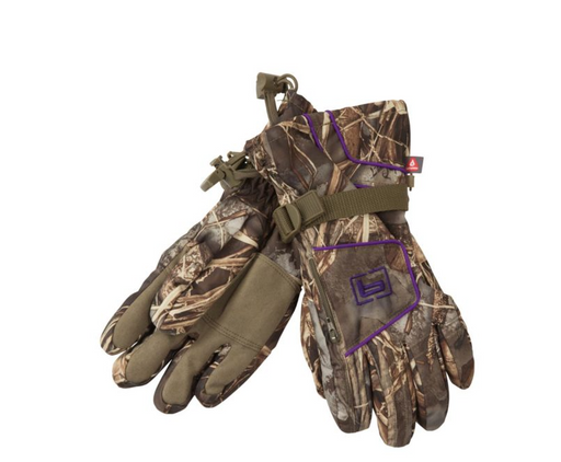 Banded Women's White River camo Gloves with wrist adjustments and zipper pocket on top and purple trim