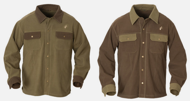 Two shirt jackets with snaps one olive with brown trim the other is brown with olive trim 