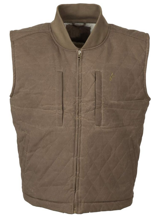 brown full zip raised collar vest with zip pockets on chect