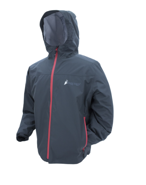 navy hooded jacket with red front and pocket zippers
