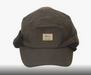 brown cap with fold up sides and tan logo on front