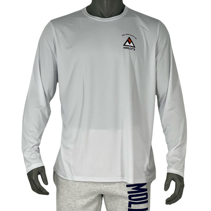 Molly's Fuel Your Adventure white long sleeve UPF shirt