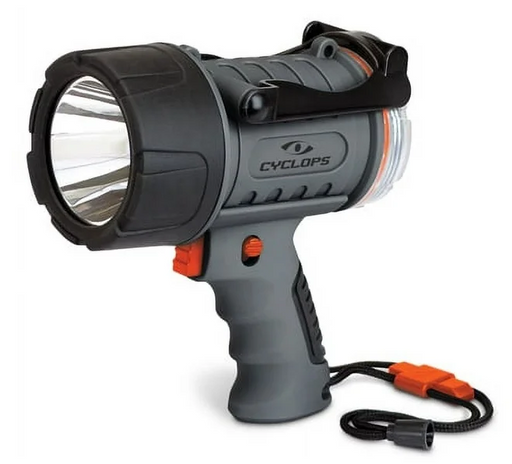 gray and black hand held spot light with orange trigger switch and lanyard