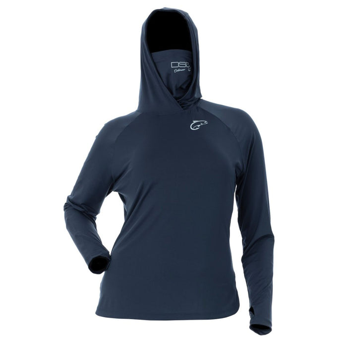 Nora II sun shirt with a removable neck gaiter, crossover hood and thumbholes navy
