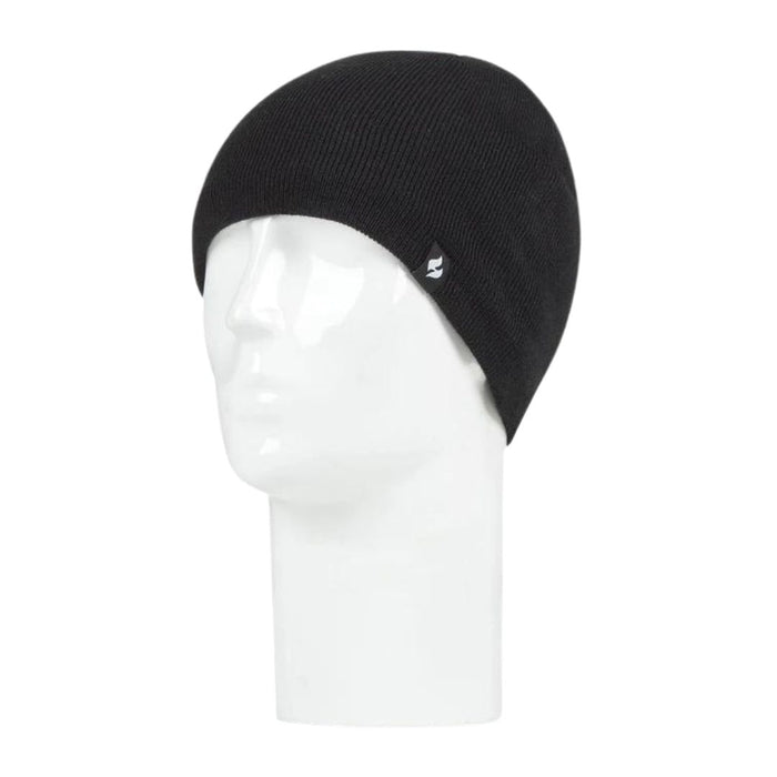 mannequin head displaying a black knit beanire hat