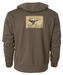back of brown hoodie with tan Avery logo and Waterfowl