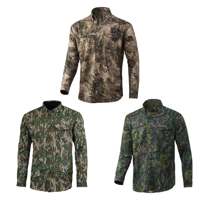 Nomad full button front two chest pockets Stretch-Lite Long Sleeve shirt in three camo variations