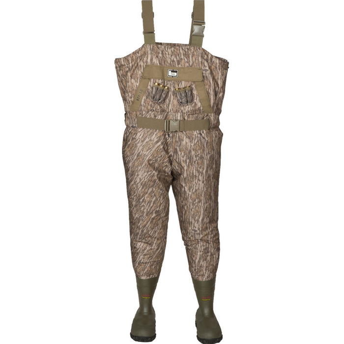 A camouflage fabric wader with two straps for enhanced concealment and green rubber boots.