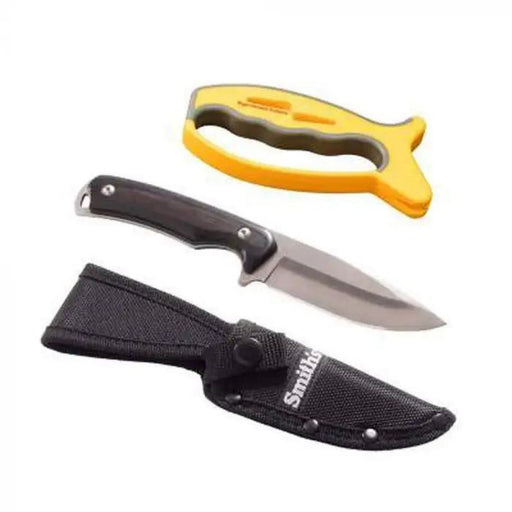 jixed blade knife with black sheath and yellow sharpner