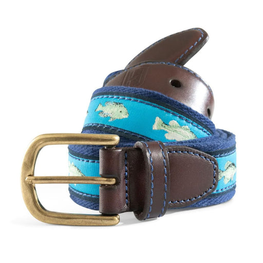 coiled leather cand cloth belt with fish print and brass color buckle