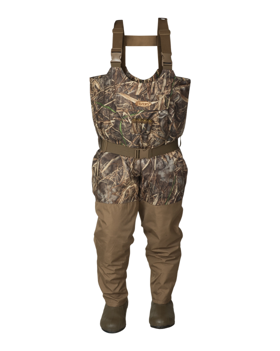 A camouflage fabric wader with two straps for enhanced concealment and green rubber boots.