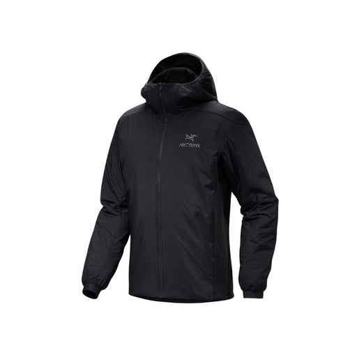 black zip front hooded jacket cuffed sleeve. Front of the jacket zips up above the chin.