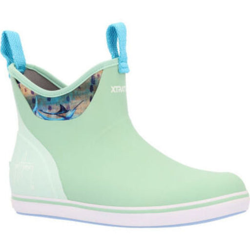 Xtratuf Women's 6 in Ankle Deck Boot in kight green featuring Guy Harvey's signature Marlin print neoprene 
