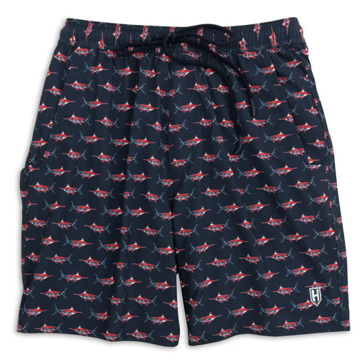 Navy and red elastic waist with draw string Heybo EBB Tide Swim Trunk fish print