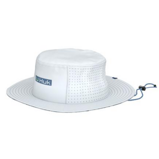 White HUK bucket hat with chin strap