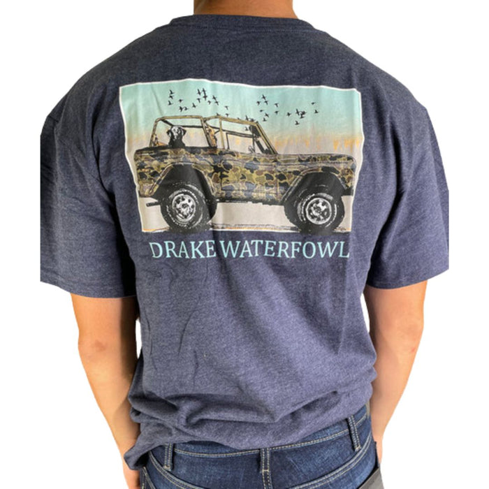 Drake Waterfowl Old School Ride Along T-Shirt with dog in camo bronco