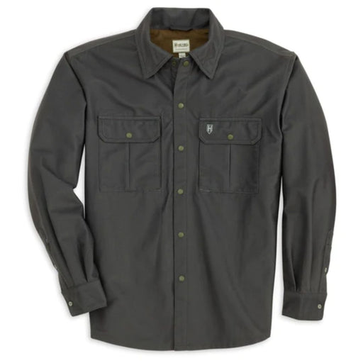 Gray full button front long sleeve shirt with dual chest pockets