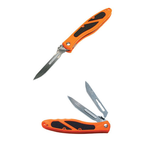 Two Orange and black handled folding skinng knives and one replacement blade