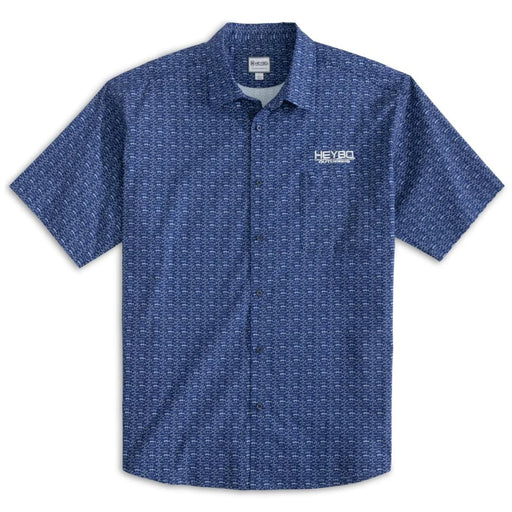 blue and white short sleeve full button front Heybo Island Hopper shirt