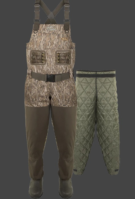 Drake belted bib Eqwader 1600 Breathable Wader with rubber boots displaying the tear away liner