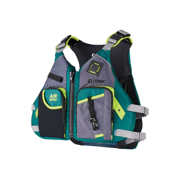 Teal, gray, black and yellow, zip frontlife jacket, with adjustable straps on sides and shoulders, and two storage pockets on front 