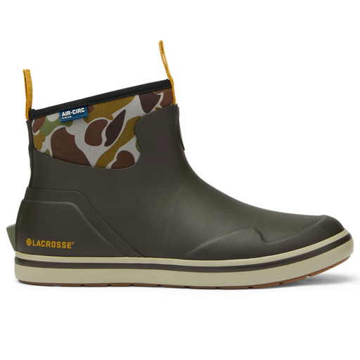 brown rubber ankle boot over camo neoprene 