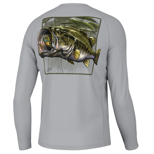 gray Huk Kc Ambush Pursuit Performance Shirt with large mouth fish on back