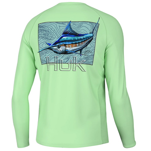 back view of lime long sleeve performance shirt with huklogo and fish print 