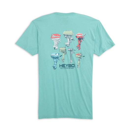 light blue short sleeve tee shirt with multiple size boat motors in multiple colors