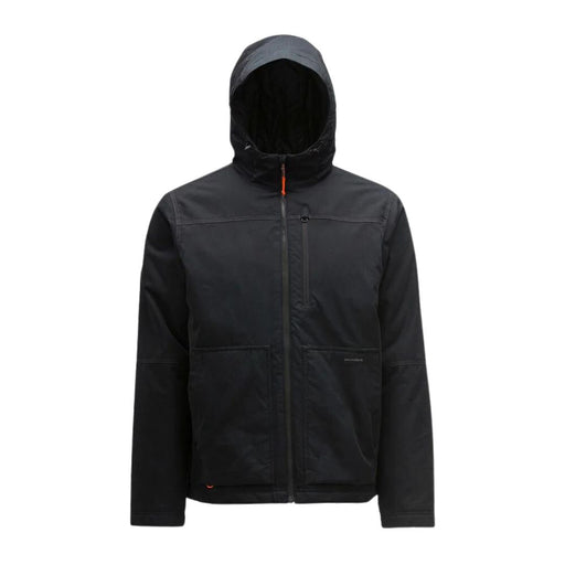 black hooded zip front jacket with vertical chest zip pocket