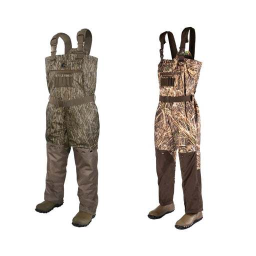 two pair of different type camo print bib waders with rubber boots
