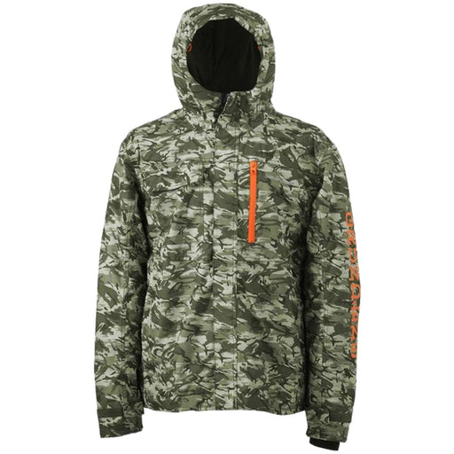 green camo zip front hooded jacket with orange vertical chest zip pocket
